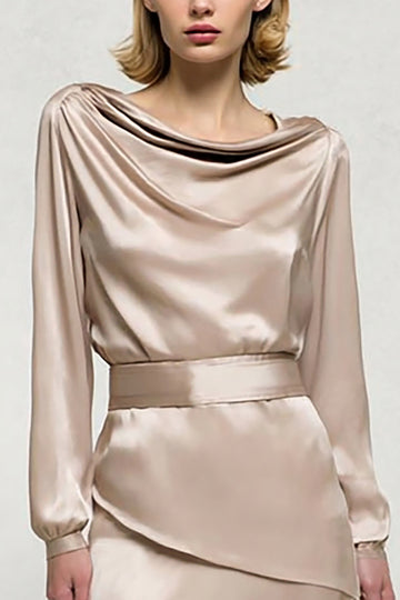 Long Sleeve Cowl Neck Champagne Semi-Formal Dress